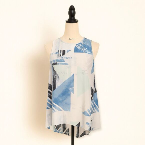 Vince Camuto SZ XS blue, white and black high-low sleeveless blouse - Picture 1 of 4